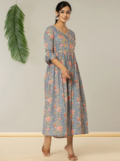 Yufta Blue Pure Cotton Beads And Stones Gathers Angrakha Dress