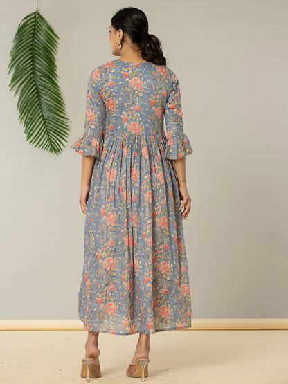 Yufta Blue Pure Cotton Beads And Stones Gathers Angrakha Dress