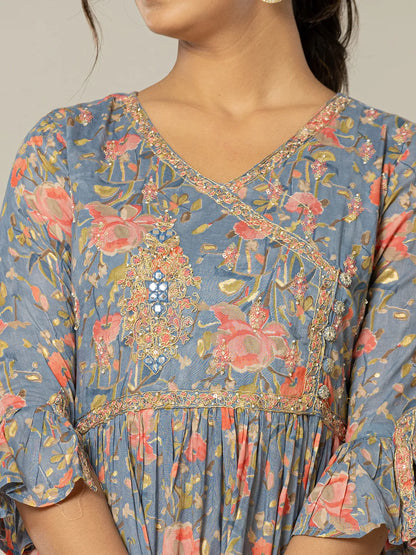 Yufta Blue Pure Cotton Beads And Stones Gathers Angrakha Dress