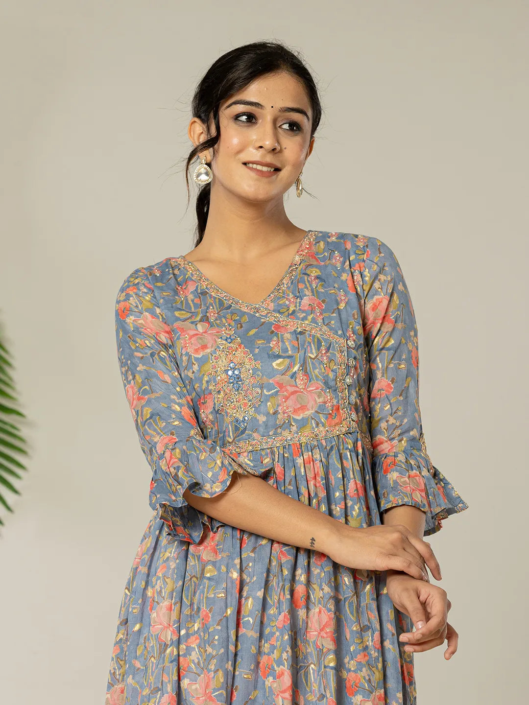 Yufta Blue Pure Cotton Beads And Stones Gathers Angrakha Dress