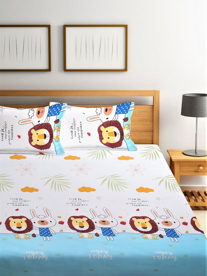 Home Sizzler White & Blue Printed 210 TC Double Bedsheet With 2 Pillow Covers