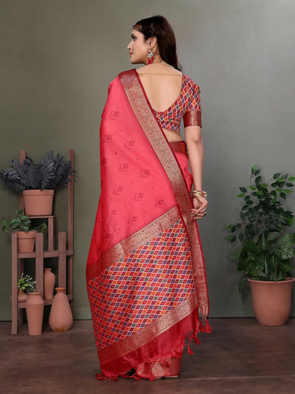 Joban Fashion Carrot Red Woven Design Banarasi Silk Sarees