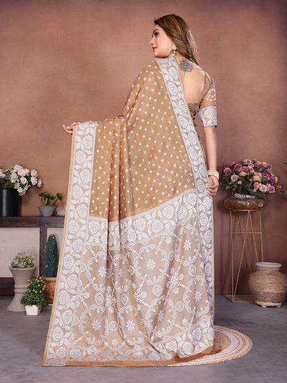 Anaita Cream Handmade Bandhej Viscose Silk Saree With Blouse