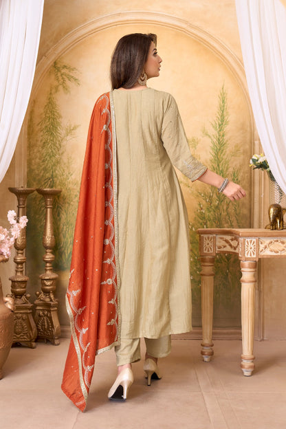 Anaita Cream Rust Anarkali Readymade Suit with Embroidery Work