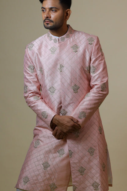 Light Coral Embroidered Designer Men's Sherwani by Hilo Design