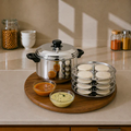 PrayLady Elite Stainless Steel Idli Cooker with Sandwich Bottom & Whistle 4 Plates 16 Idlis Includes Idli Lifter