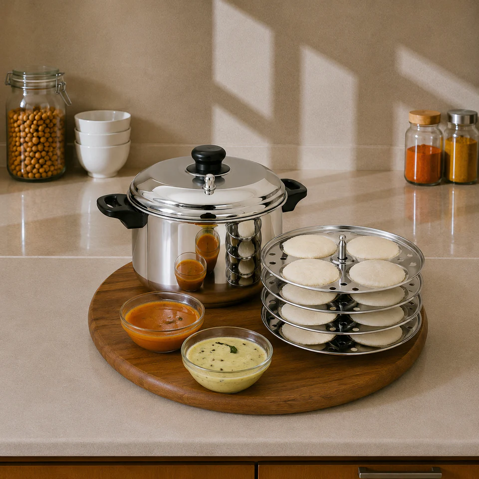 PrayLady Elite Stainless Steel Idli Cooker with Sandwich Bottom & Whistle 4 Plates 16 Idlis Includes Idli Lifter