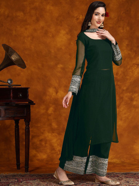 Sangria Embroidery Georgette Kurta Palazzo With Dupatta Set