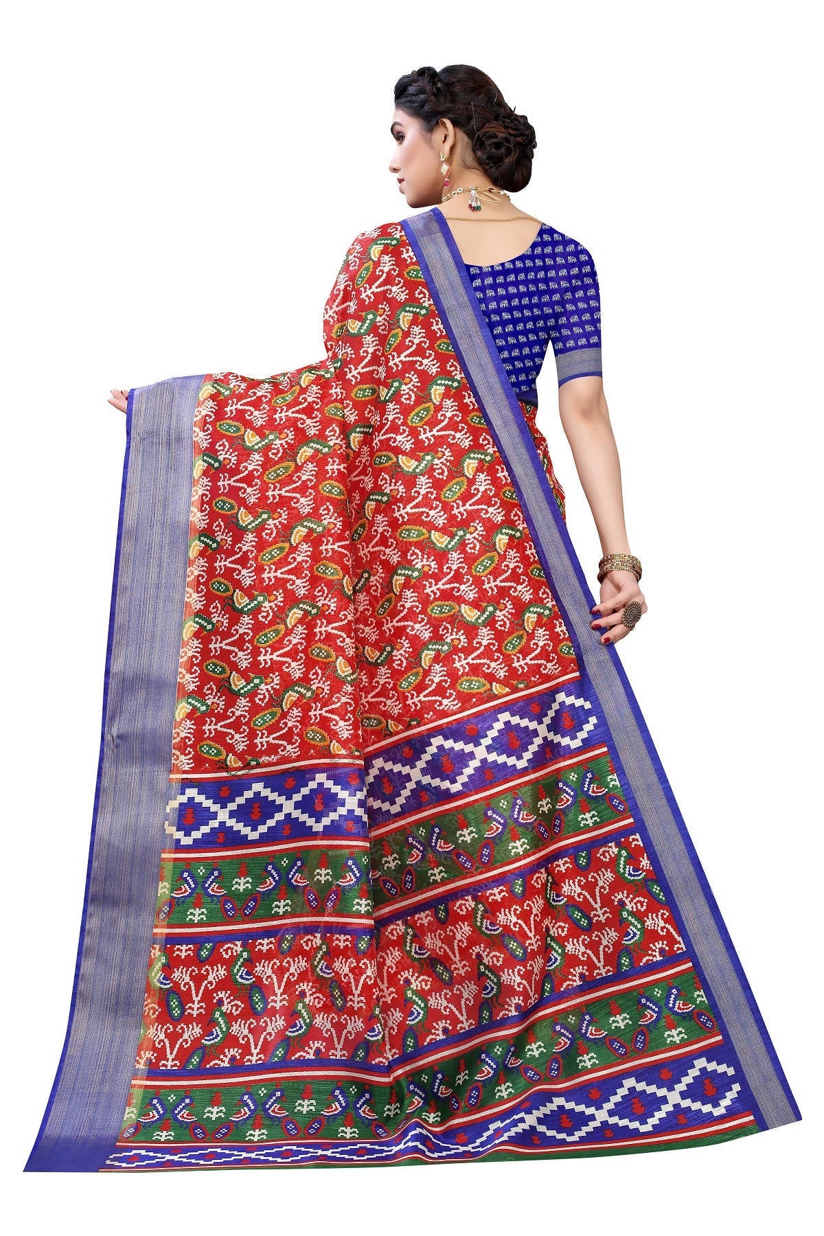 Vamika Red and Blue Linen Jari Border Saree Online At Low Price