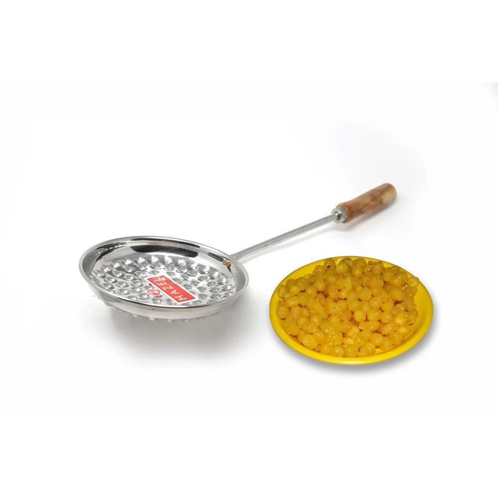 Hazel Stainless Steel Medium Bundi Jhara Frying Skimmer with Wooden Handle