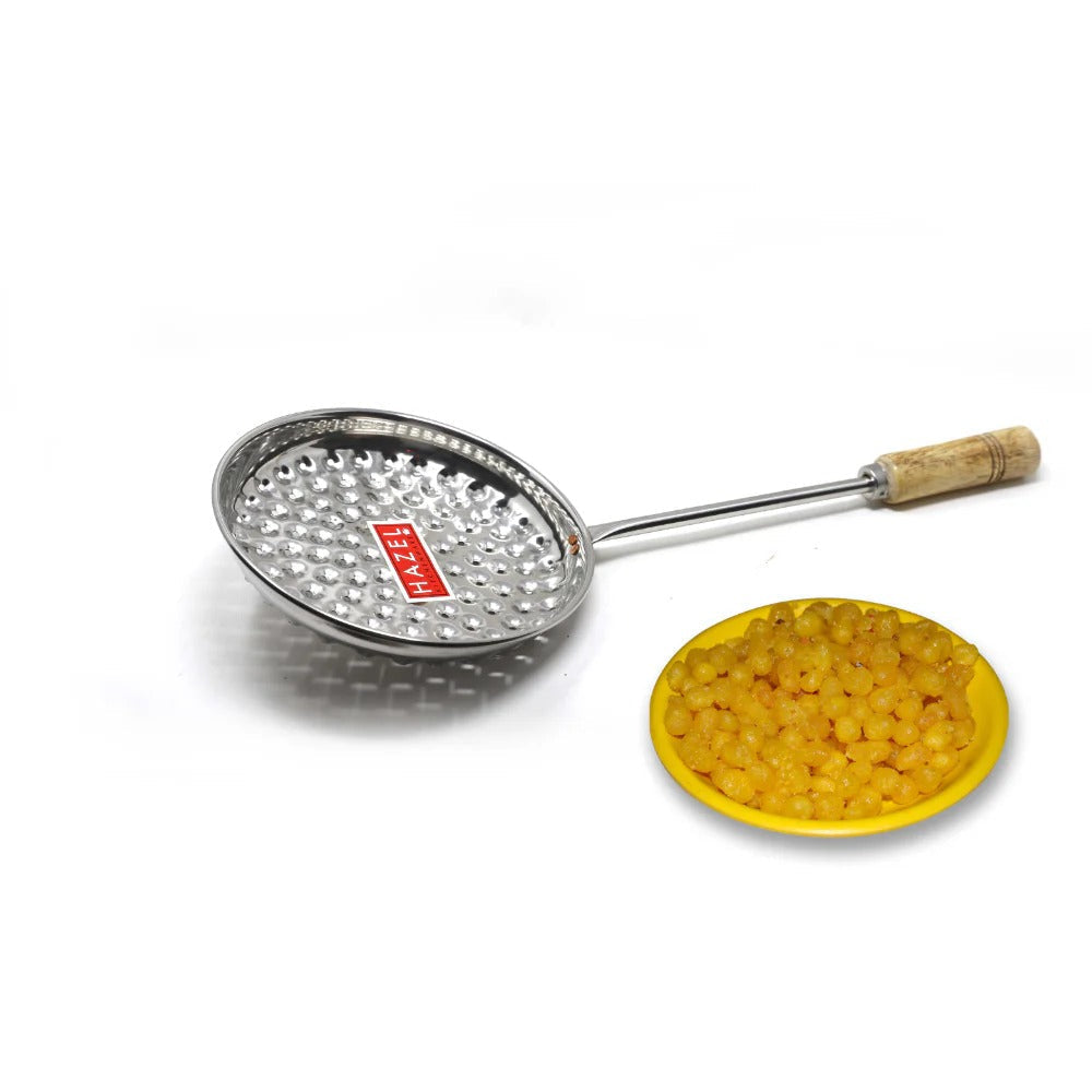 Hazel Stainless Steel Medium Bundi Jhara Frying Skimmer with Wooden Handle