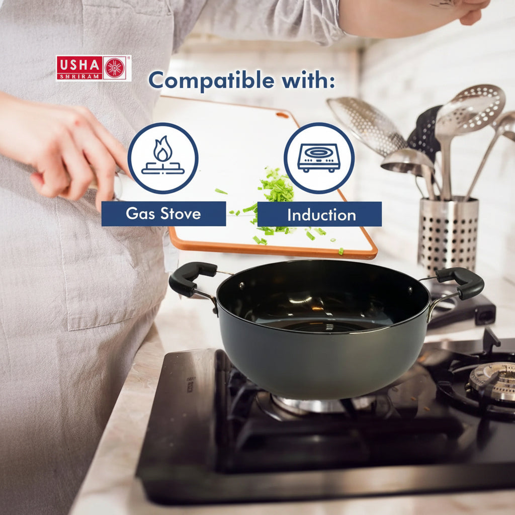 USHA SHRIRAM Hard Anodized Non-Stick Aluminium Kadai 4.4L with Lid Riveted Bakelite Handle Induction