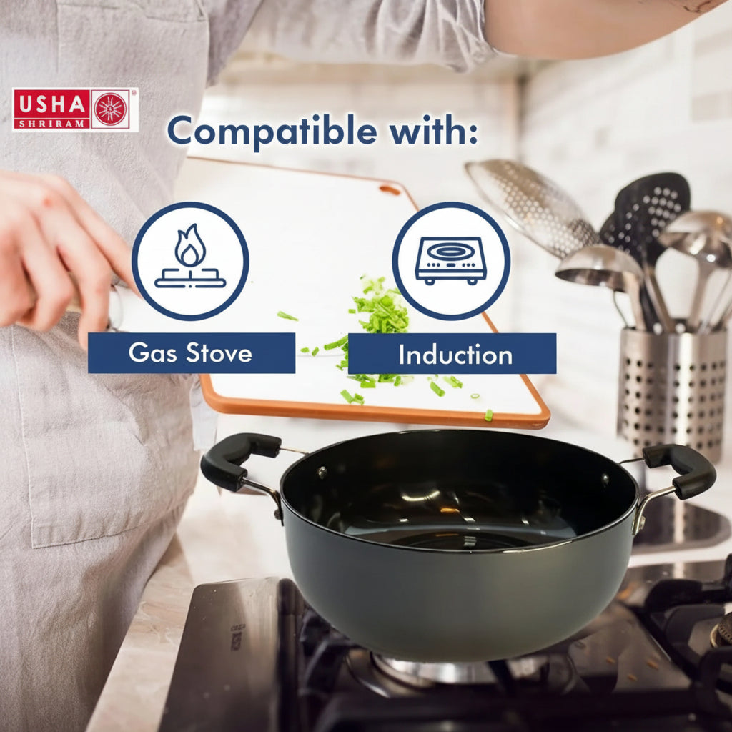 USHA SHRIRAM Hard Anodized Non-Stick Aluminium Kadai 4.4L with Lid Riveted Bakelite Handle Induction