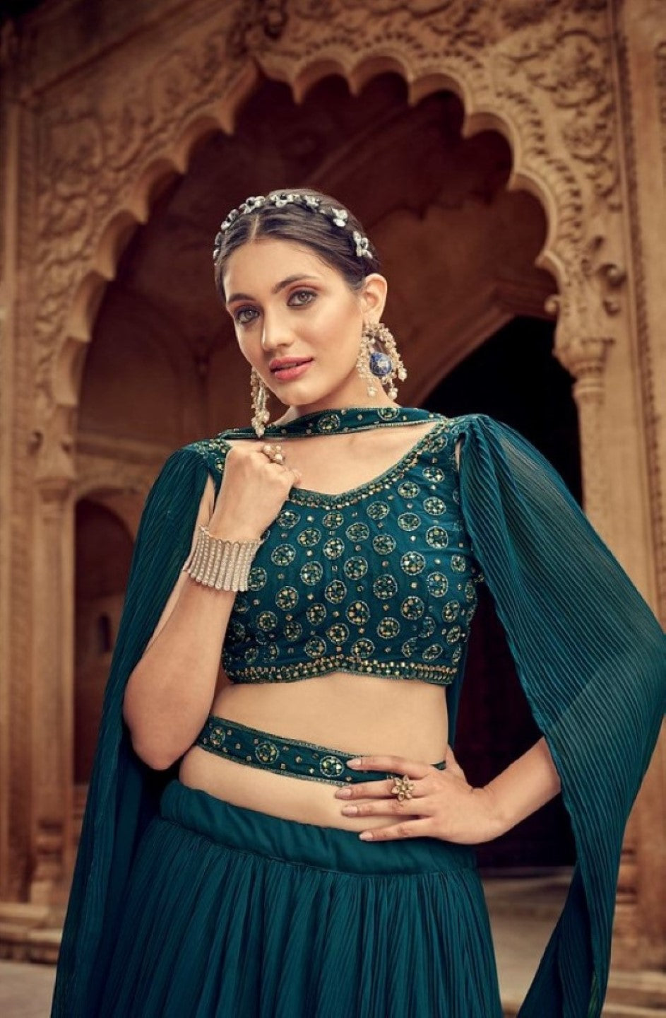 Anaita Teal Green Georgette Lehenga Choli With Hand Work