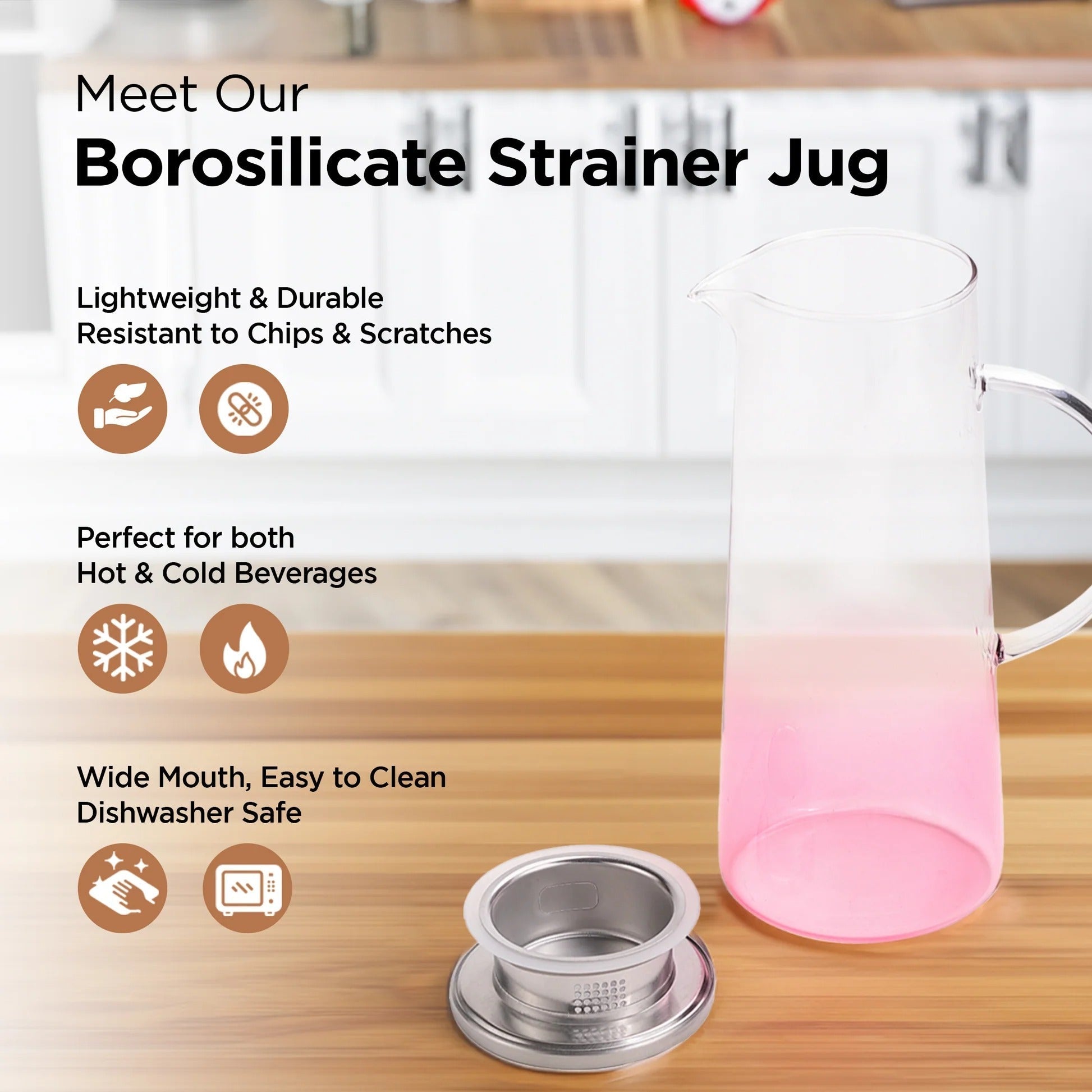 UMAI Premium Borosilicate Glass Jug 1400ml Pink SS Lid Leakproof LP063-PNK