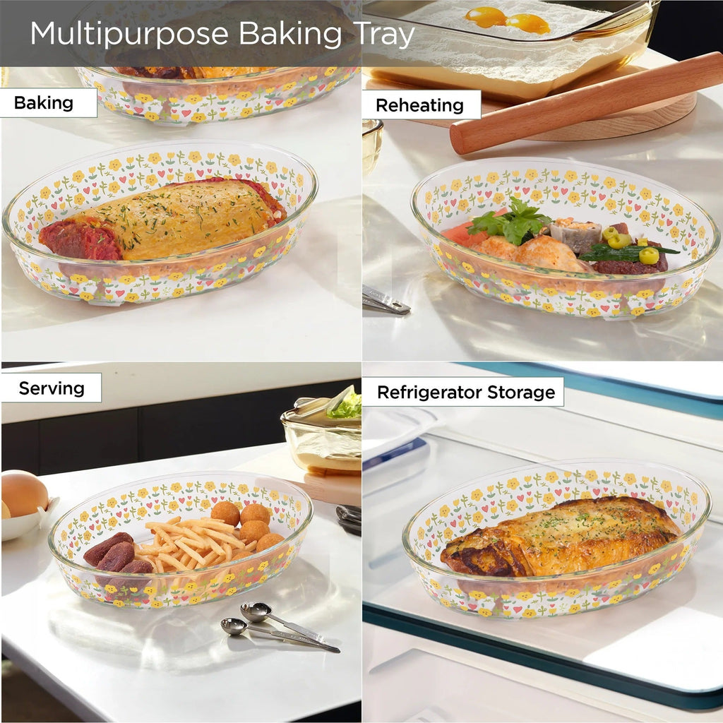 UMAI Borosilicate Printed Glass Baking Tray 2.4L Transparent Microwave Oven Safe Oval