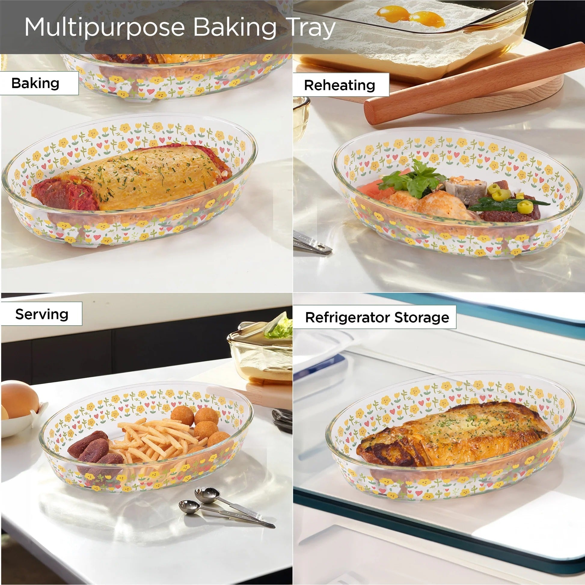 UMAI Borosilicate Printed Glass Baking Tray 2.4L Transparent Microwave Oven Safe Oval