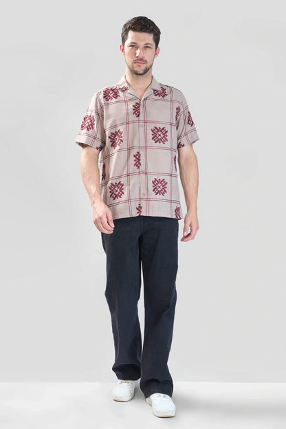 Xkind Light Maroon Embroidered Releaxed Fit Shirt