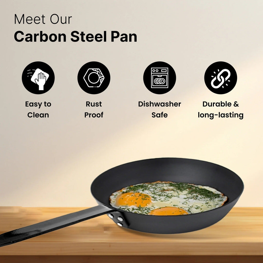 UMAI Carbon Steel Pan 28cm Pre-Seasoned Non-Stick Gas Induction Omelette Fish Fry Black