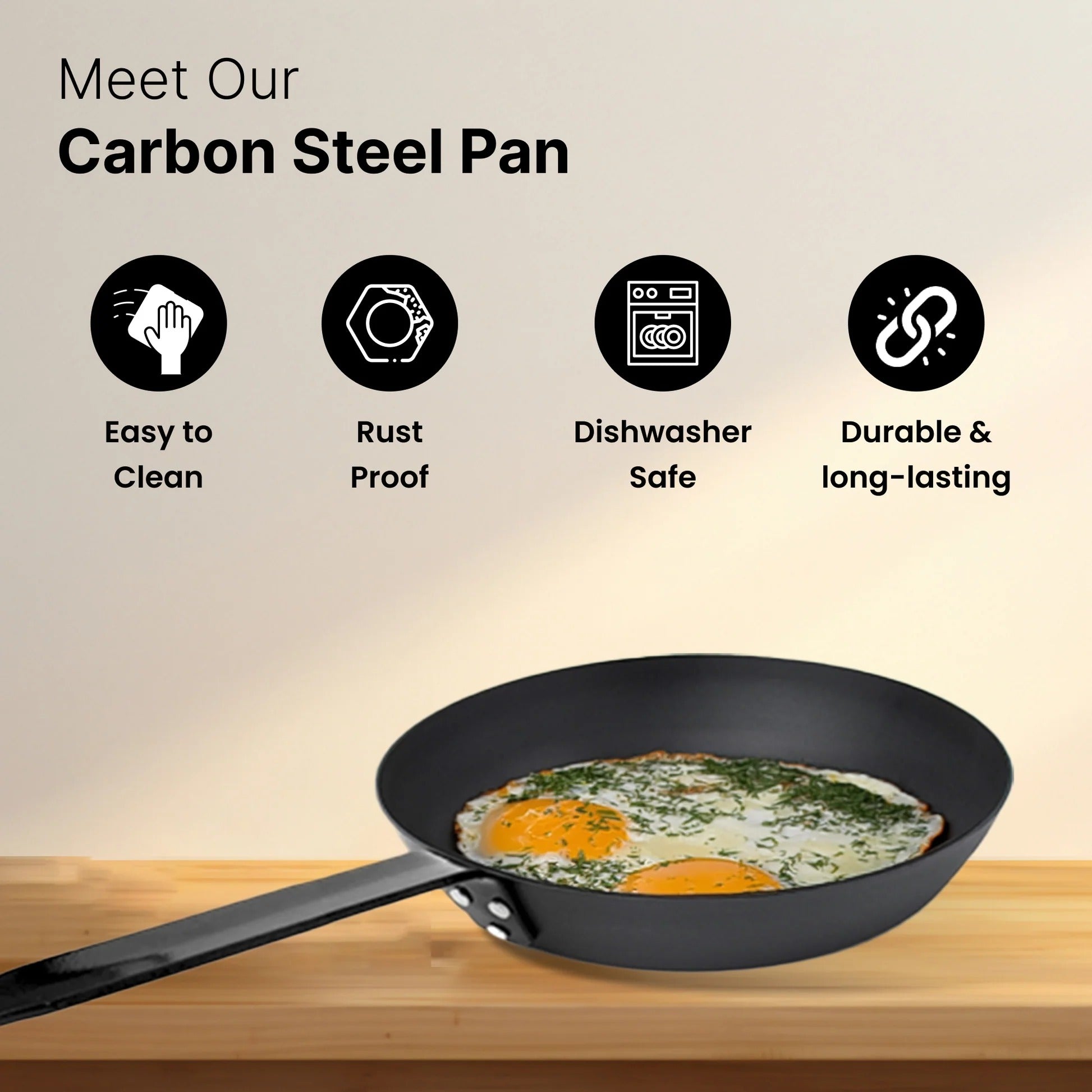 UMAI Carbon Steel Pan 28cm Pre-Seasoned Non-Stick Gas Induction Omelette Fish Fry Black