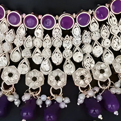 Jewel City Royal Purple Kundan & Pearl Bridal Jewelry Set-Luxury Choker Necklace Earrings & Maang Tikka-Ethnic Wedding & Party Wear