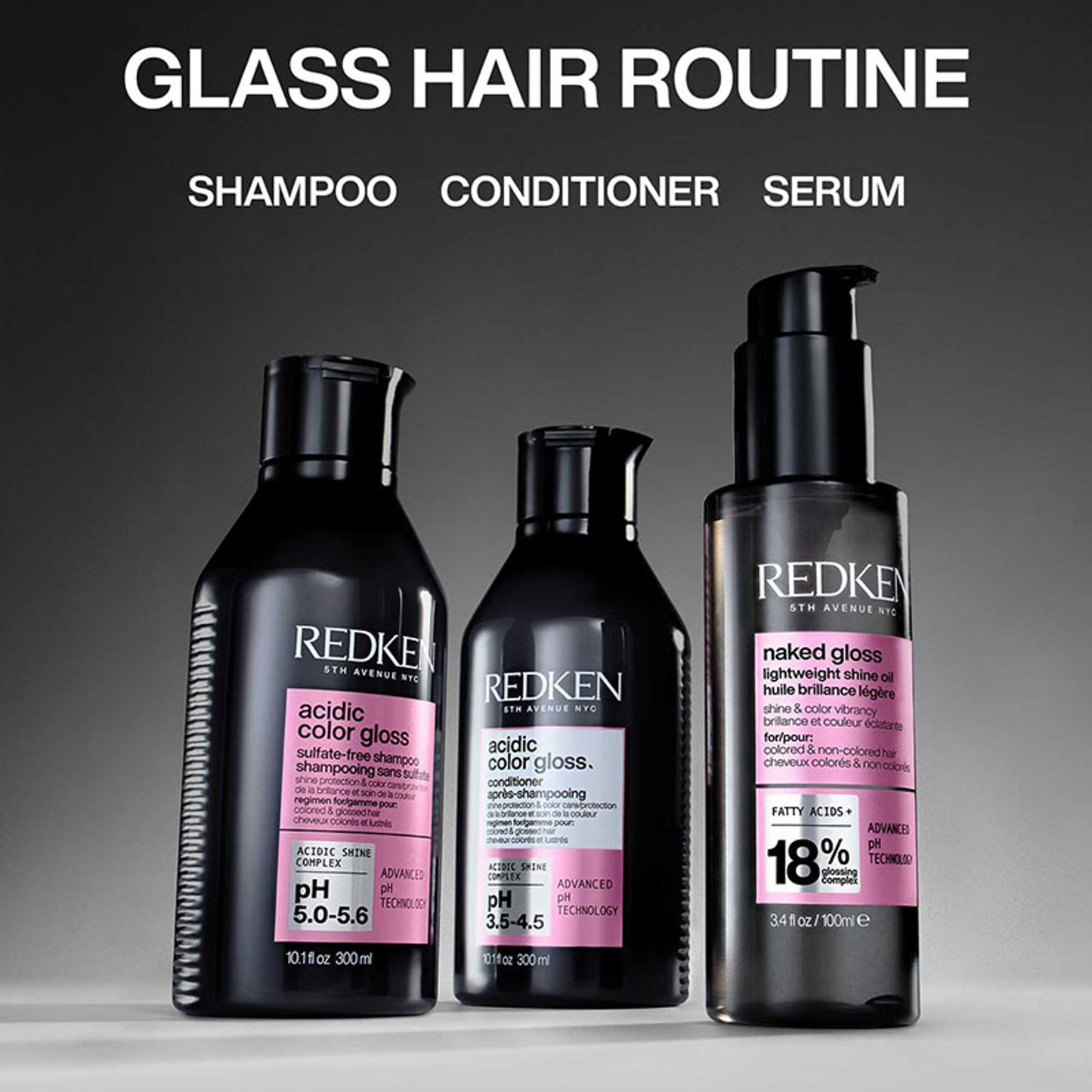 Redken Glossy Hair Combo-Acidic Colour Gloss Sulphate-Free Shampoo, Conditioner & Naked Gloss Serum