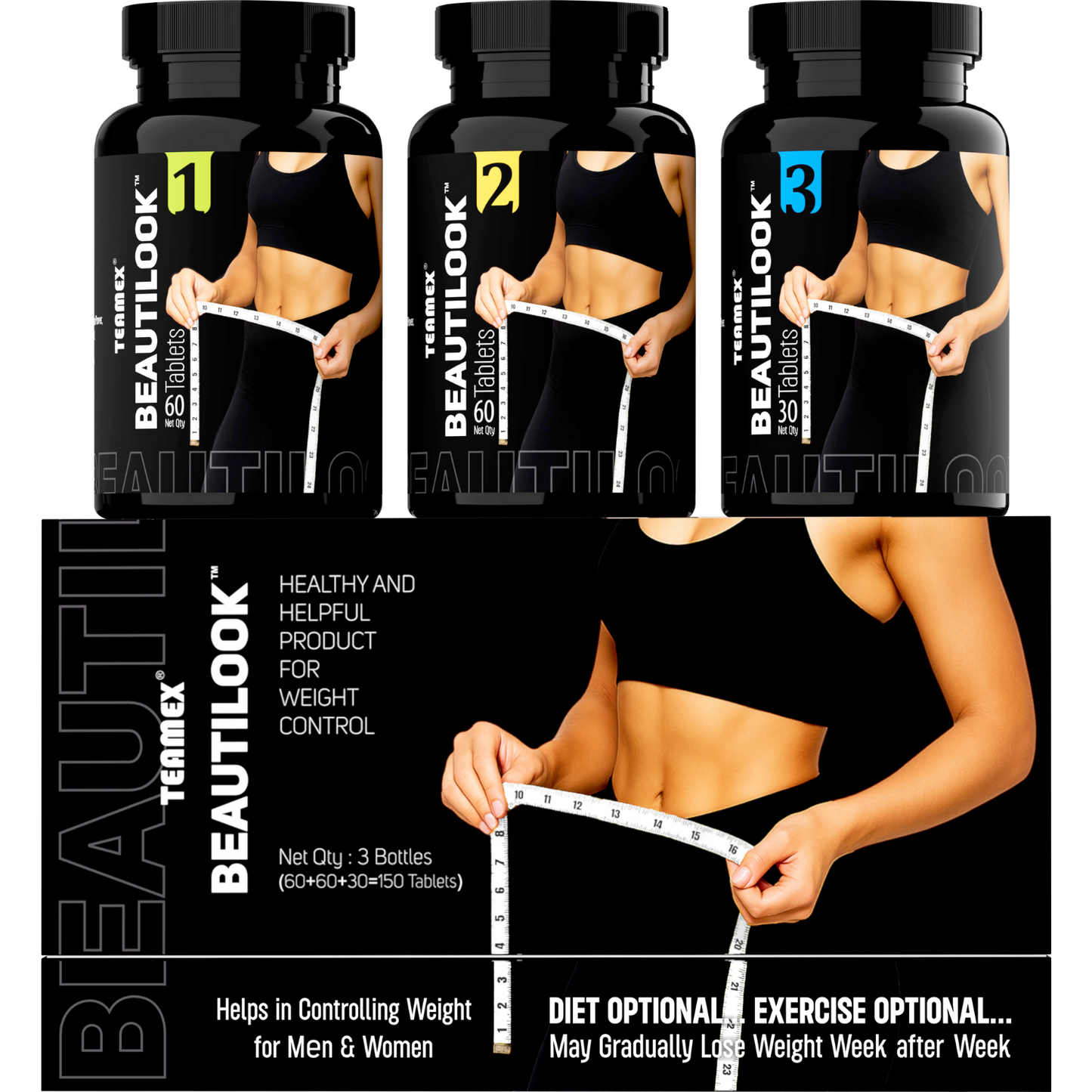 Teamex Beautilook Weight Control Tablets – 3 Bottle Combo (150 Tablets) for Men & Women | Healthy Weight Management Support