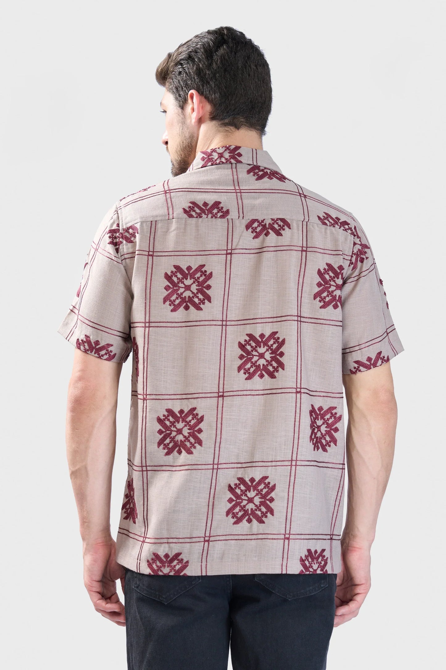 Xkind Light Maroon Embroidered Releaxed Fit Shirt