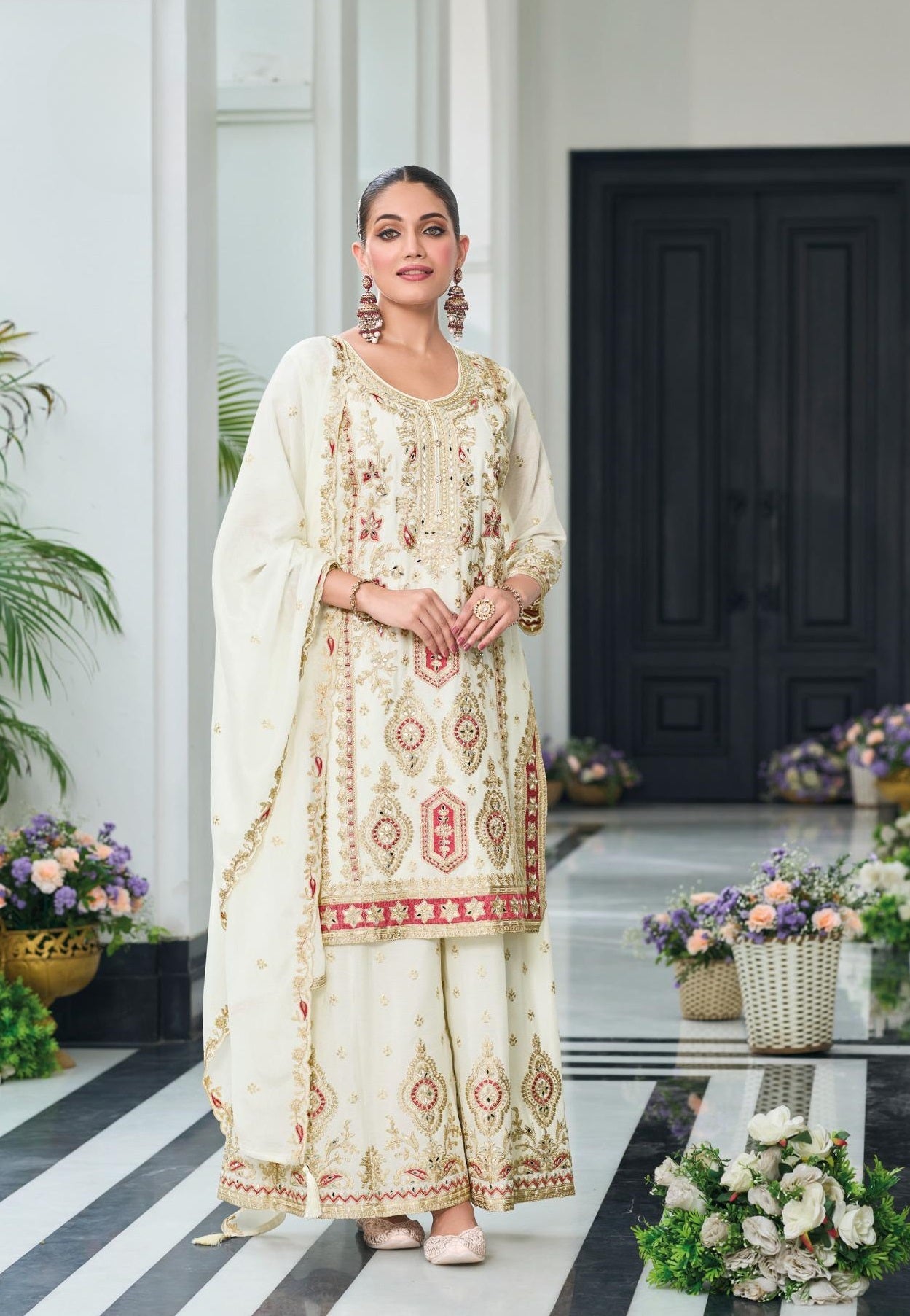 Anaita Off White Heavy Chinon With Embroidery Readymade Sharara Suit