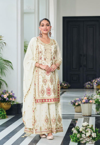 Anaita Off White Heavy Chinon With Embroidery Readymade Sharara Suit