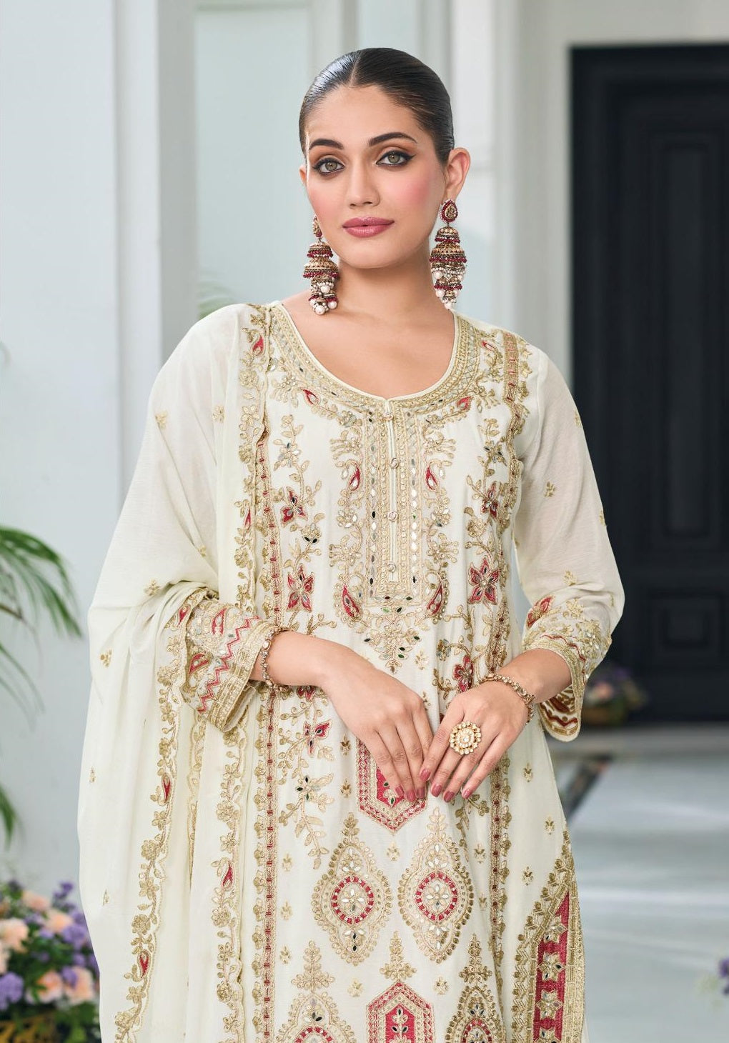 Anaita Off White Heavy Chinon With Embroidery Readymade Sharara Suit