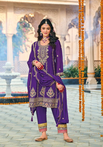 Anaita Purple Embroidered Chinon Sequence Work Stitched Anarkali Suit
