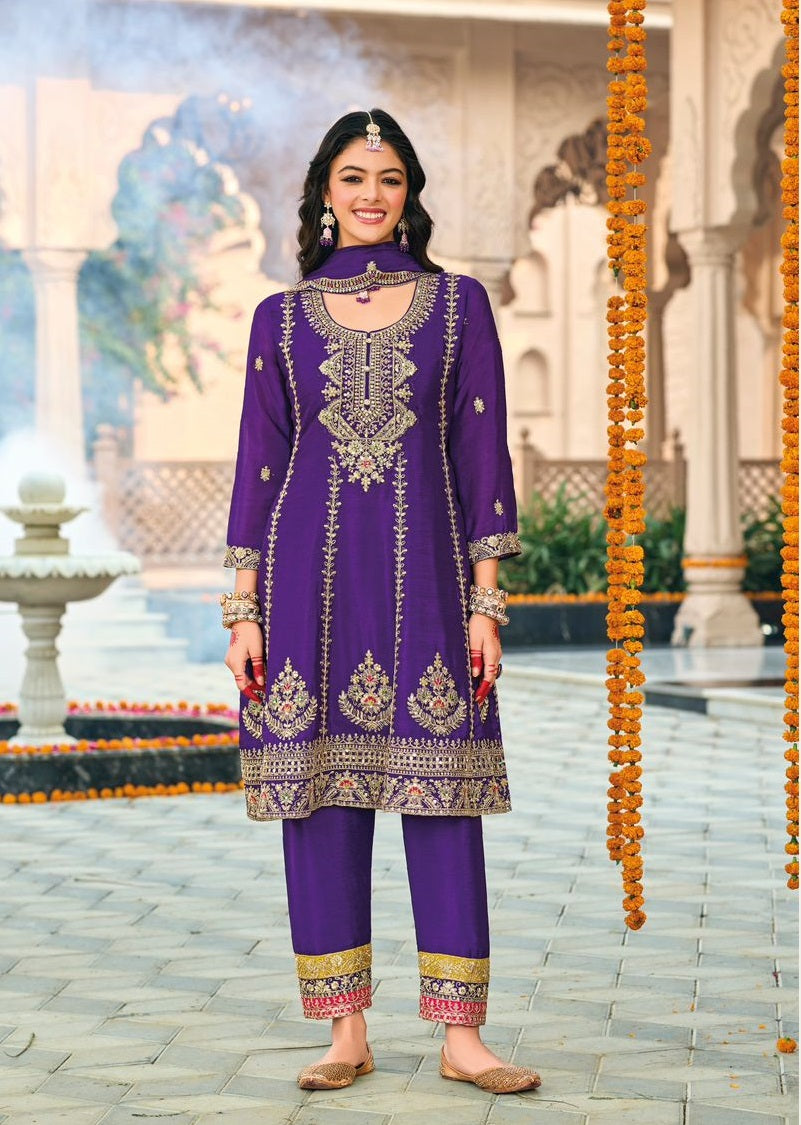 Anaita Purple Embroidered Chinon Sequence Work Stitched Anarkali Suit
