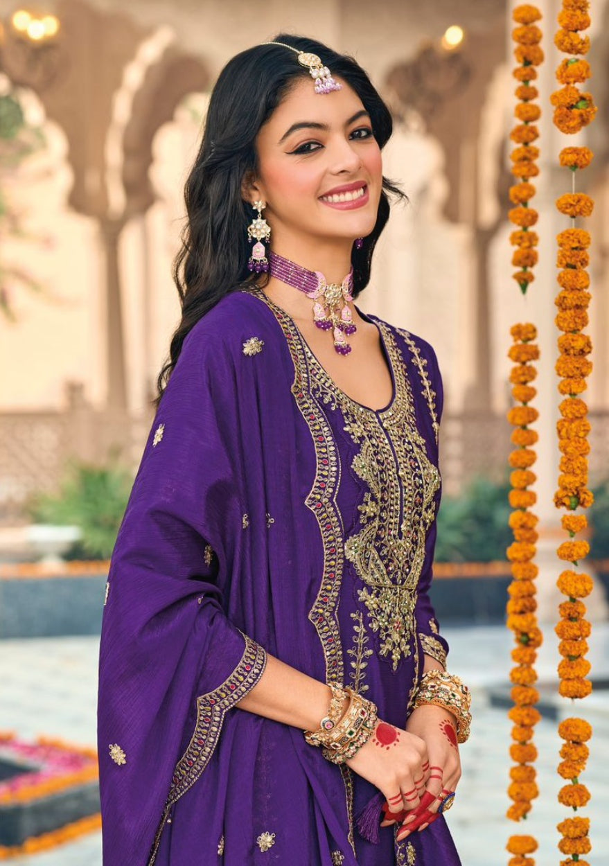 Anaita Purple Embroidered Chinon Sequence Work Stitched Anarkali Suit