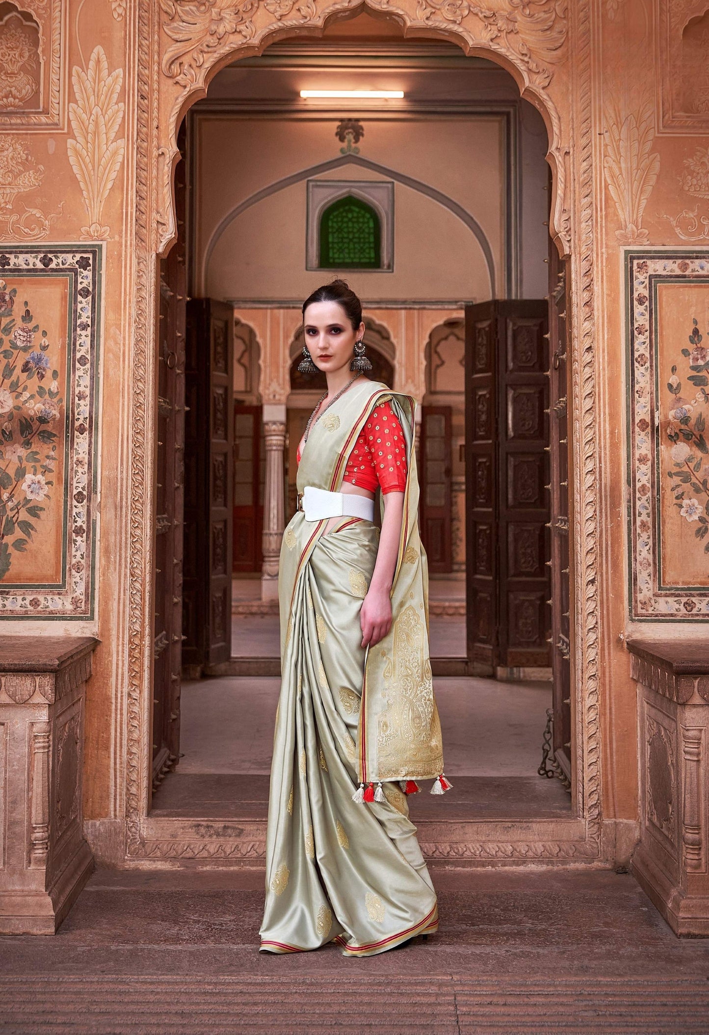 Anaita Light Green Pure Satin Silk With Zari Weaving Saree With Blouse