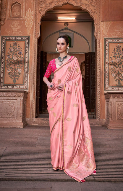 Anaita Peach Pure Satin Silk With Zari Weaving Saree With Blouse