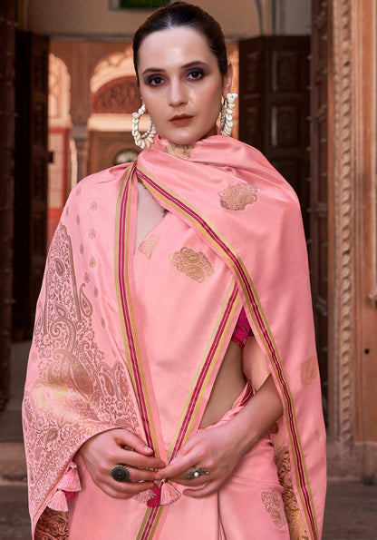 Anaita Peach Pure Satin Silk With Zari Weaving Saree With Blouse