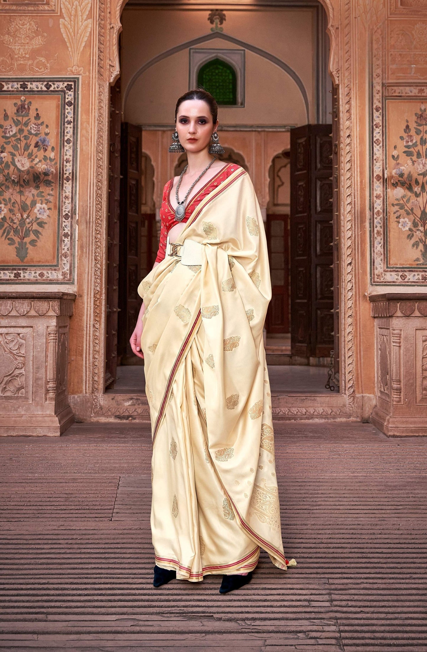 Anaita Cream Pure Satin Silk With Zari Weaving Saree With Blouse