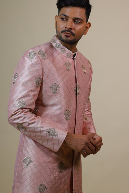 Light Coral Embroidered Designer Men's Sherwani by Hilo Design