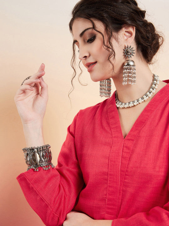 Sangria Pure Cotton V-Neck Pathani Kurta With Trousers