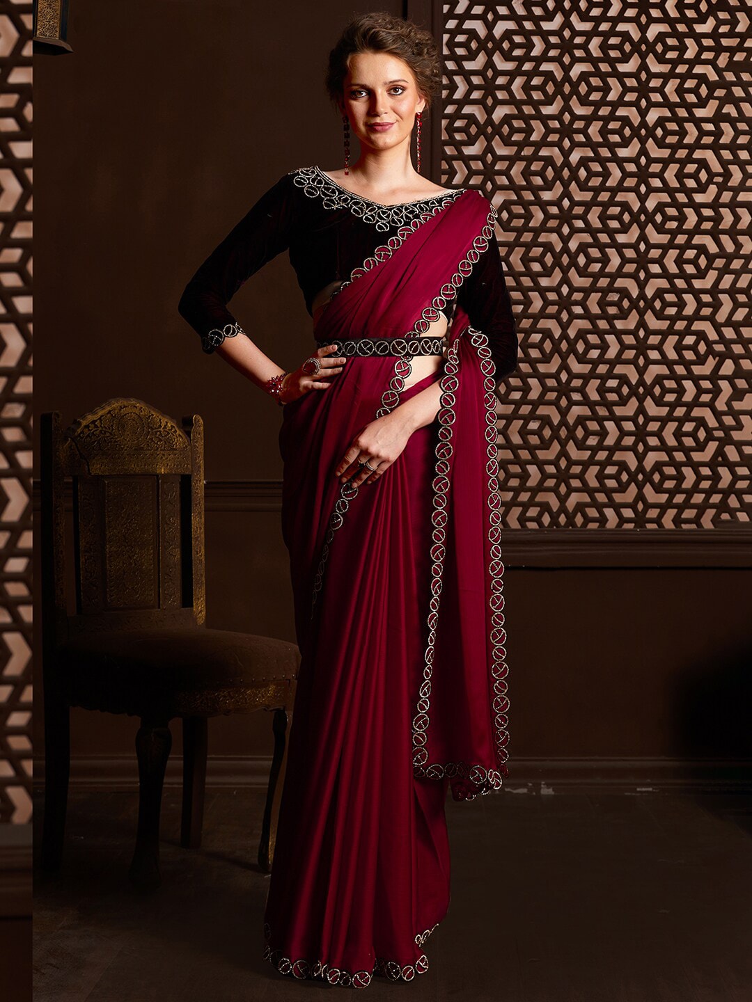Saree Mall Embellished Border Pure Chiffon Sarees