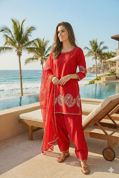 Anaita Red Crepe Stitched Suit With Sequence Embroidery Work
