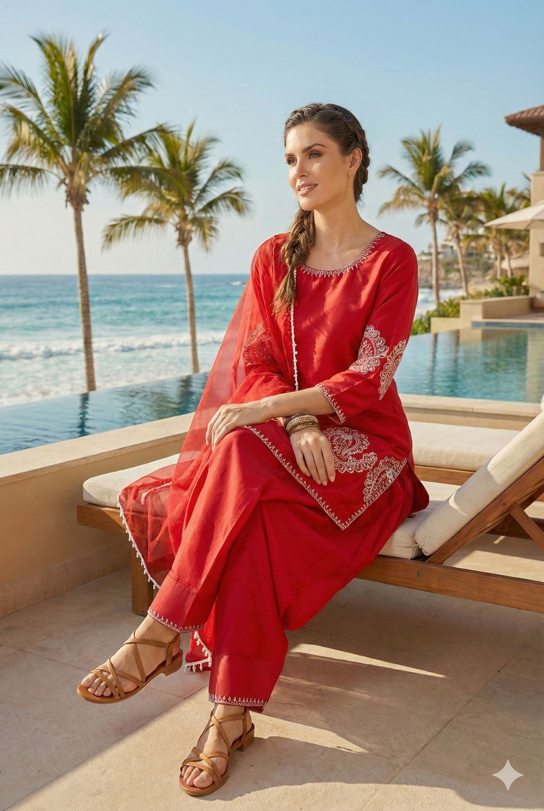 Anaita Red Crepe Stitched Suit With Sequence Embroidery Work