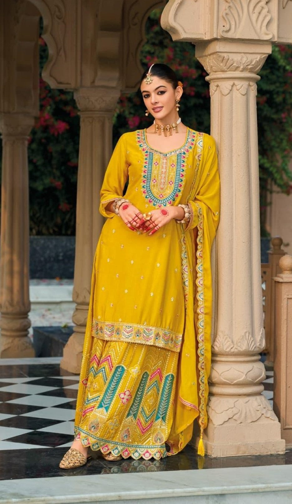 Anaita Yellow Premium Embroidered Chinon Readymade Salwar Suit
