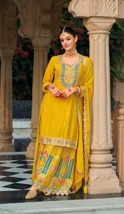 Anaita Yellow Premium Embroidered Chinon Readymade Salwar Suit