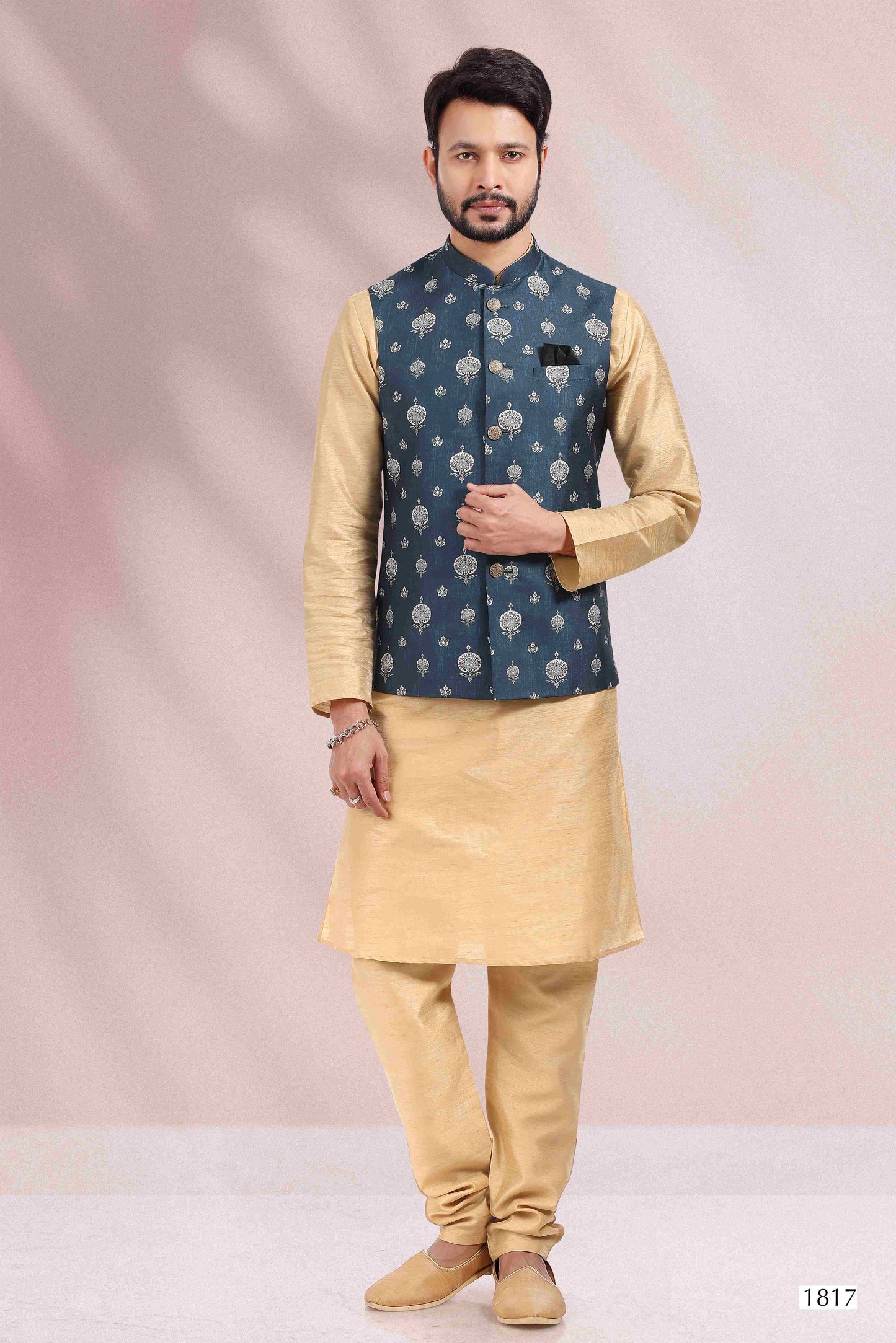 Raivat Ethnic Art Banarasi Silk Printed Work 3 Pics Jacket Set In Blue Colour