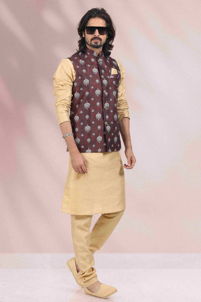 Raivat Ethnic Art Banarasi Silk Printed Work 3 Pics Jacket Set In Wine Colour