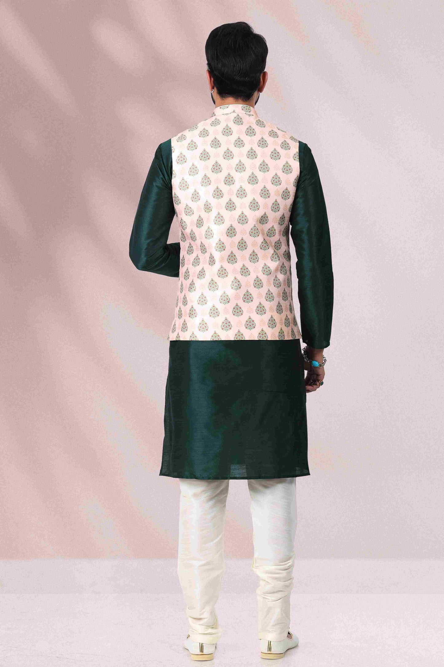 Raivat Ethnic Art Banarasi Silk Printed Work 3 Pics Jacket Set In Peach Colour