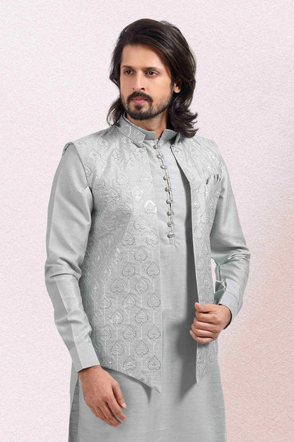 Raivat Ethnic Art Banarasi Silk Thread Work 3 Pics Jacket Set In Grey Colour