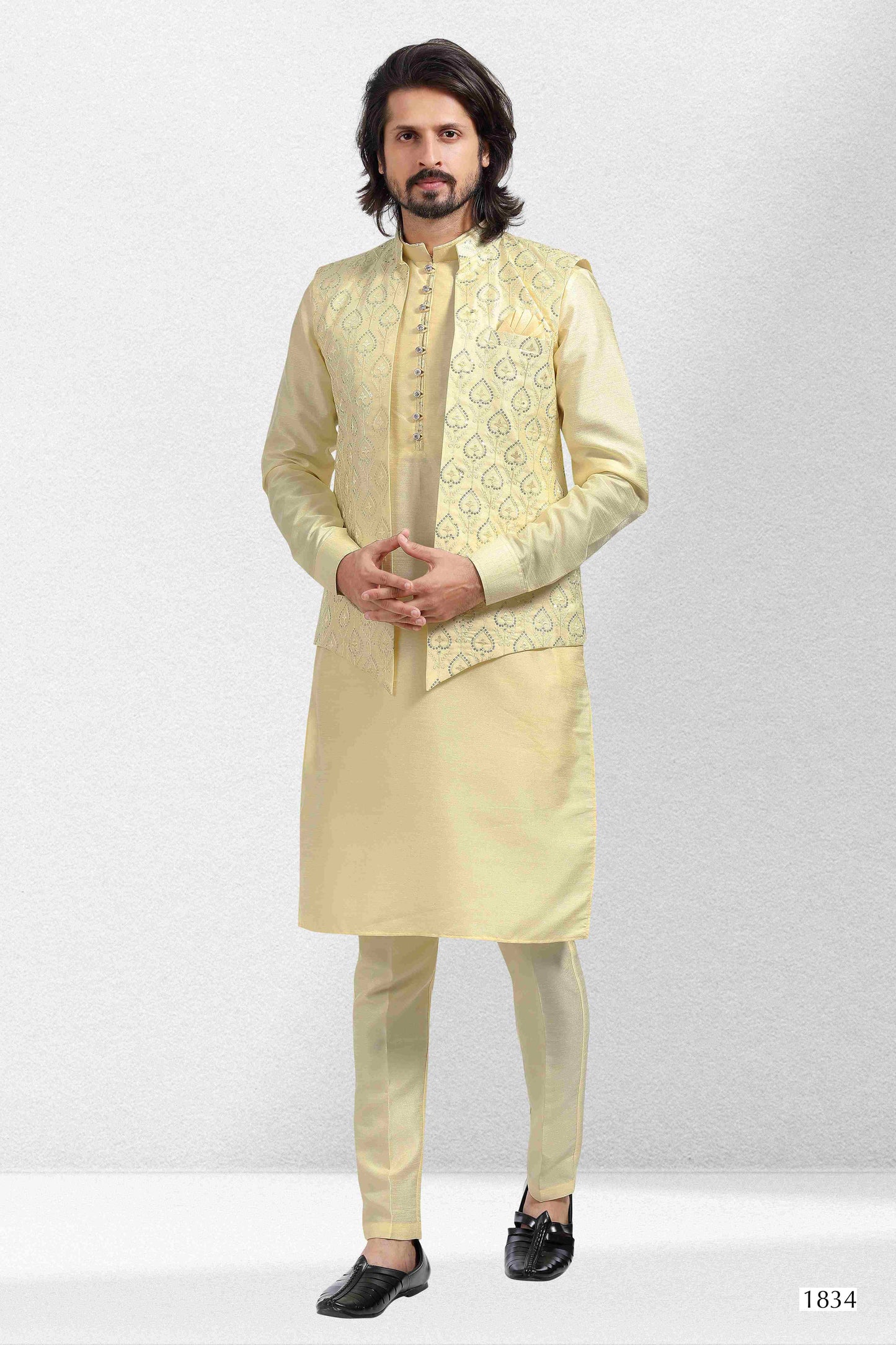 Raivat Ethnic Art Banarasi Silk Thread Work 3 Pics Jacket Set In Yellow Colour